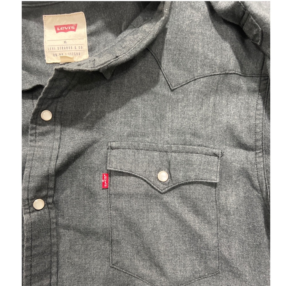 Levis Mens XL Western Pearl Snap Shirt Charcoal Gray Chambray Long Sleeve Cotton - Picture 2 of 4